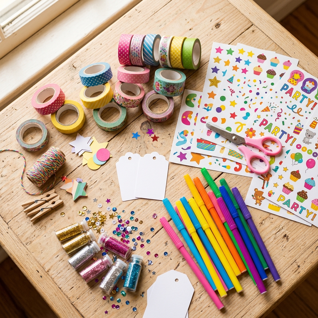 Colorful craft supplies including washi tape, stickers, and markers