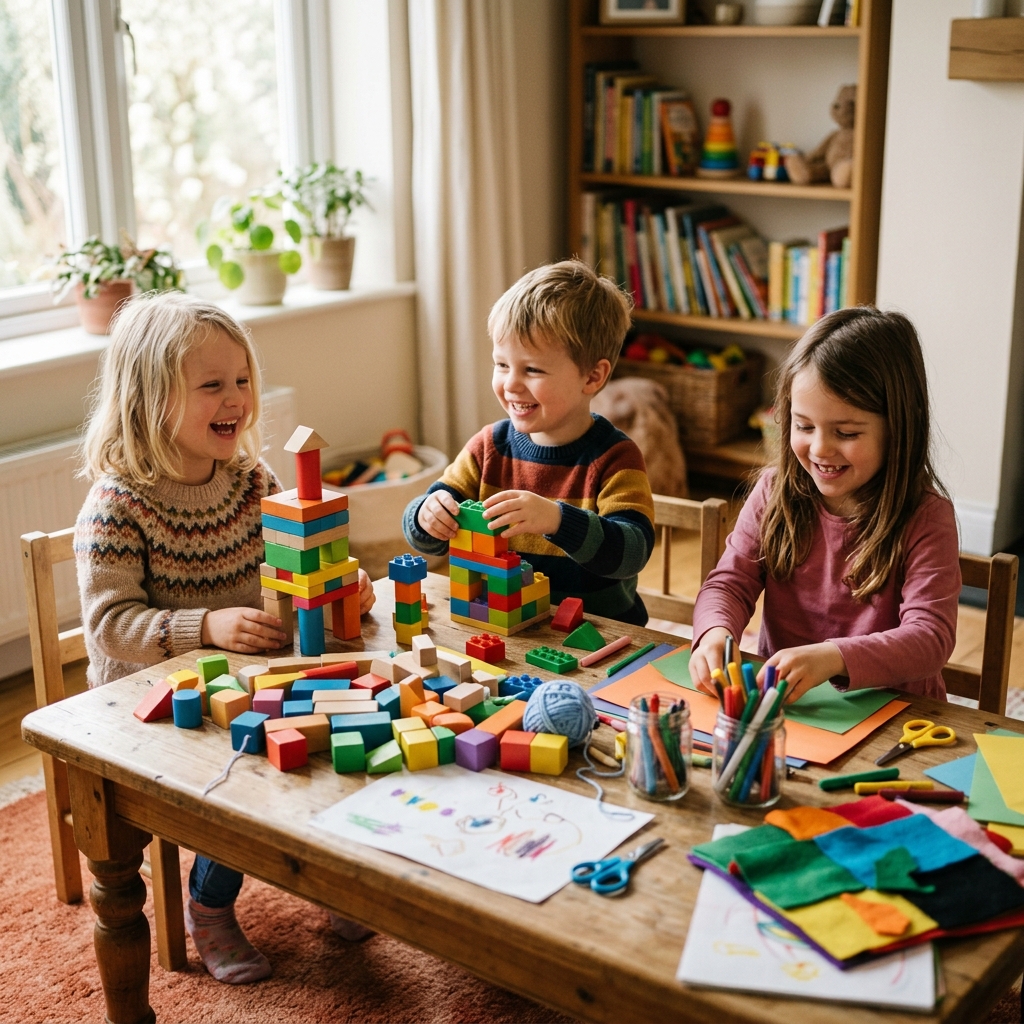 Happy children playing with colorful craft supplies