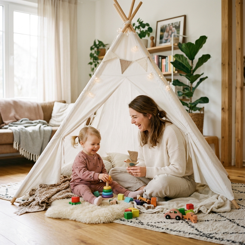 Mother and child playing in a cozy teepee tent