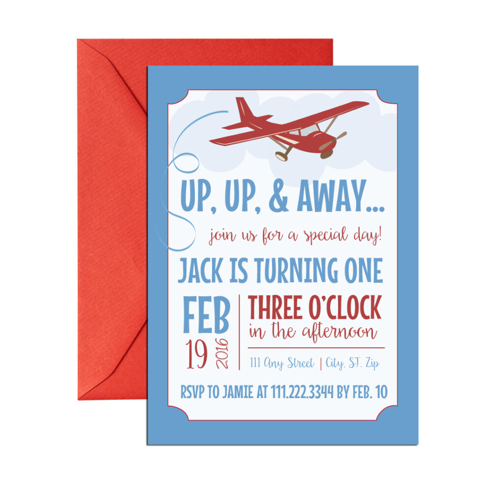 airplane party invite on white background with red envelope