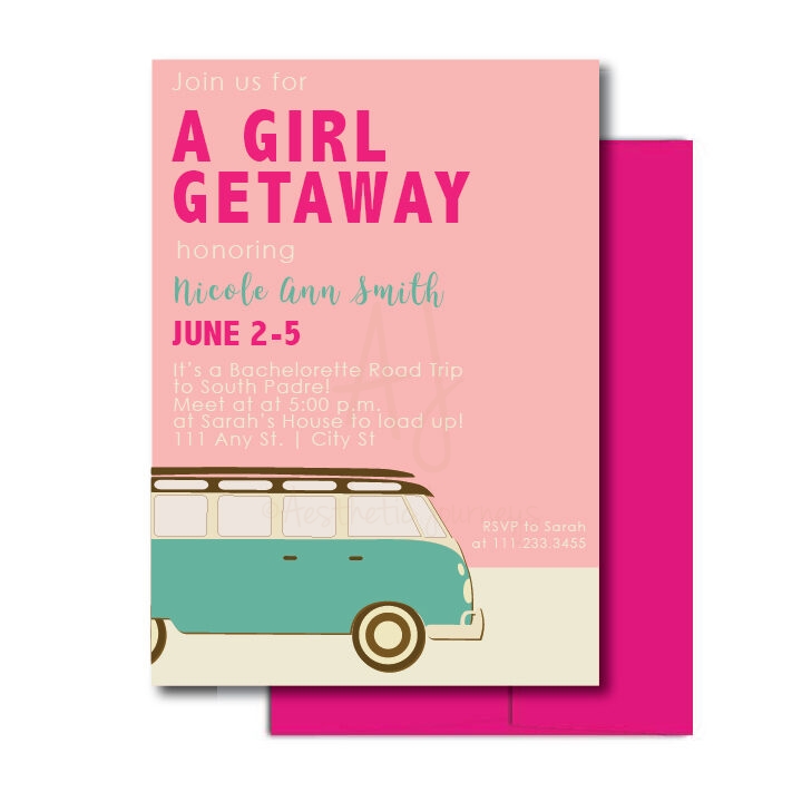 Bachelorette Road Trip Invite on white background with pink envelope