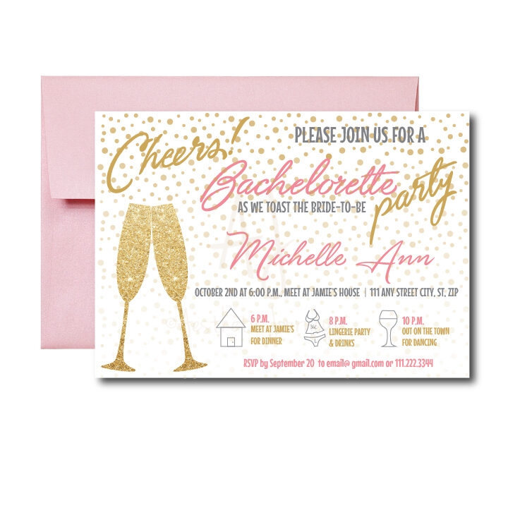 Champagne party Invite on white background with pale pink envelope