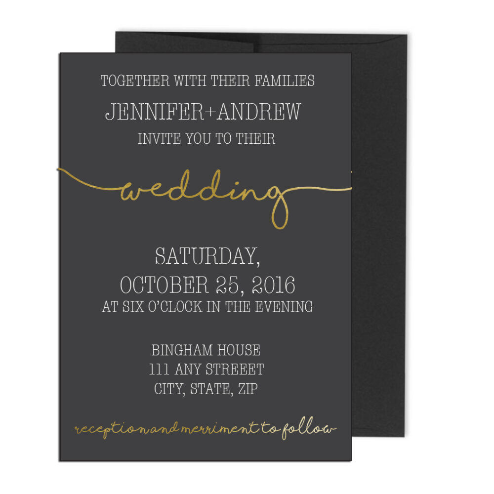black and gold wedding invite on white background with black envelope