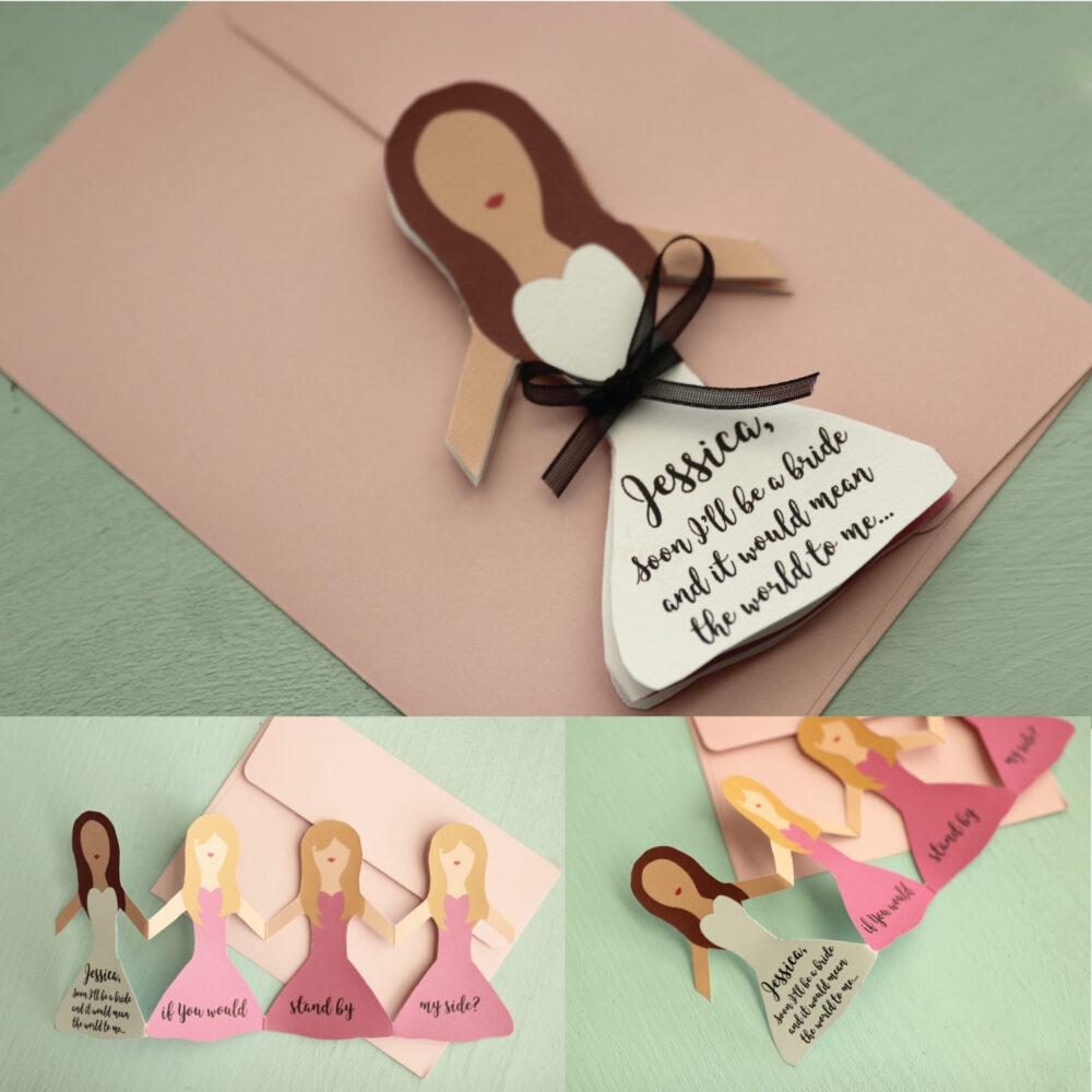 Bridesmaid cards on teal background