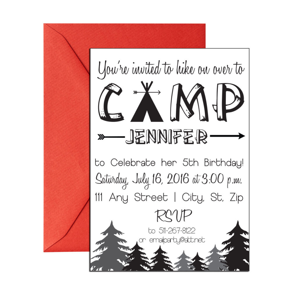 camping themed party invite with red envelope on white background