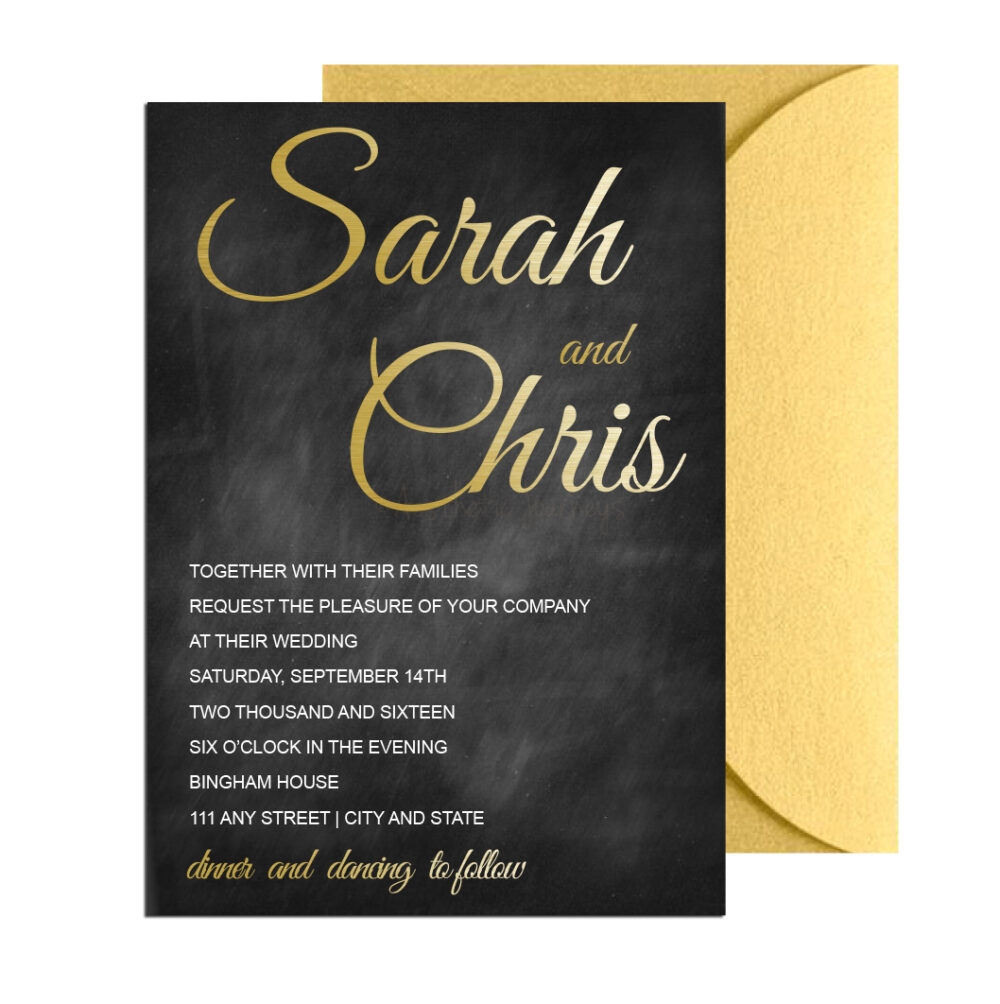 classy wedding invite in gold with gold envelope on white background
