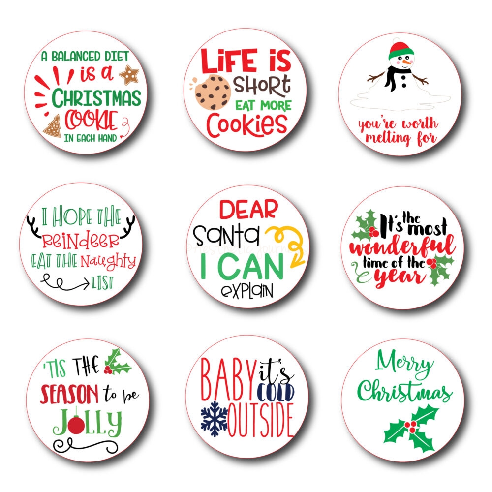 9 different printable christmas stickers for gifts on white background