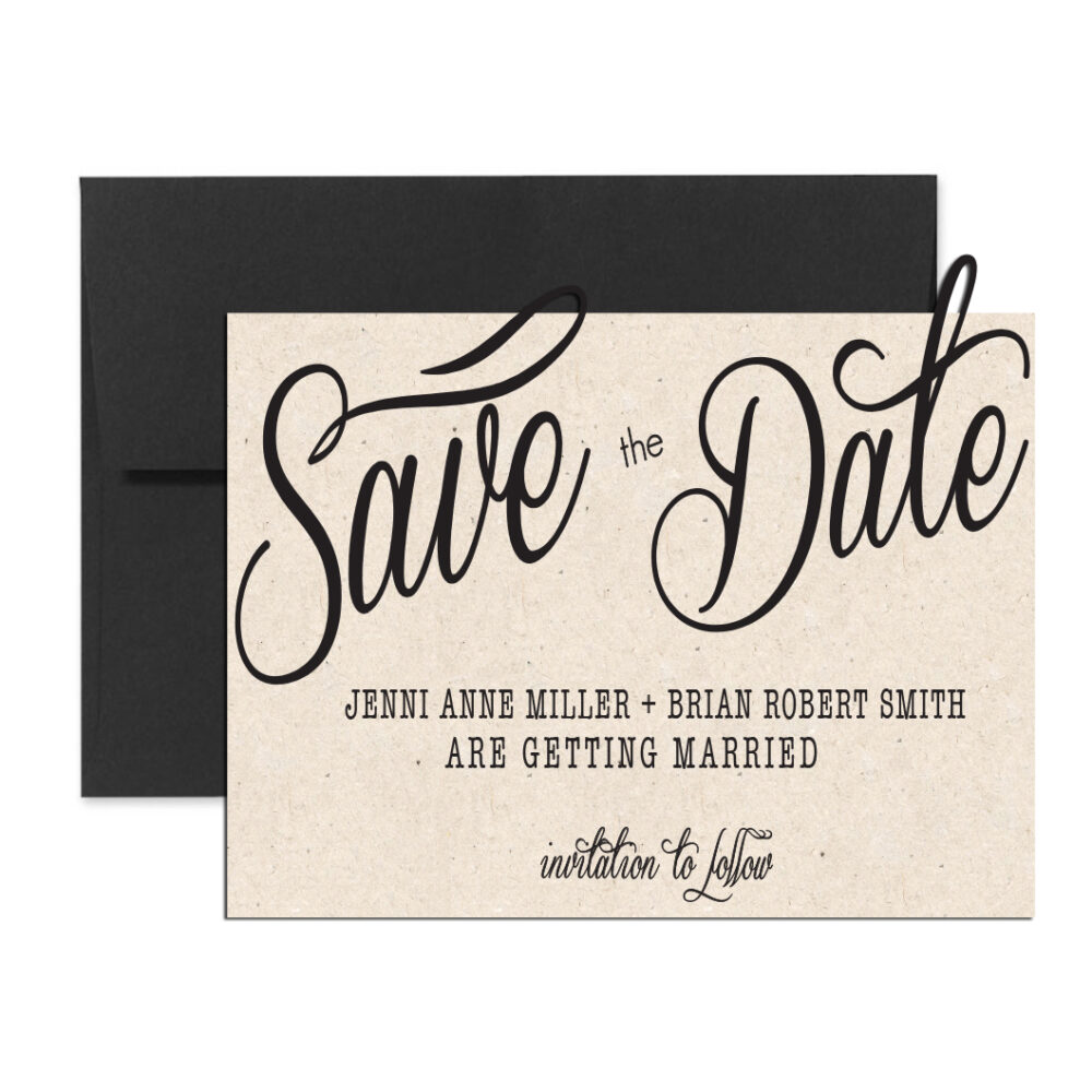 rustic cursive save the date on white background with black envelope