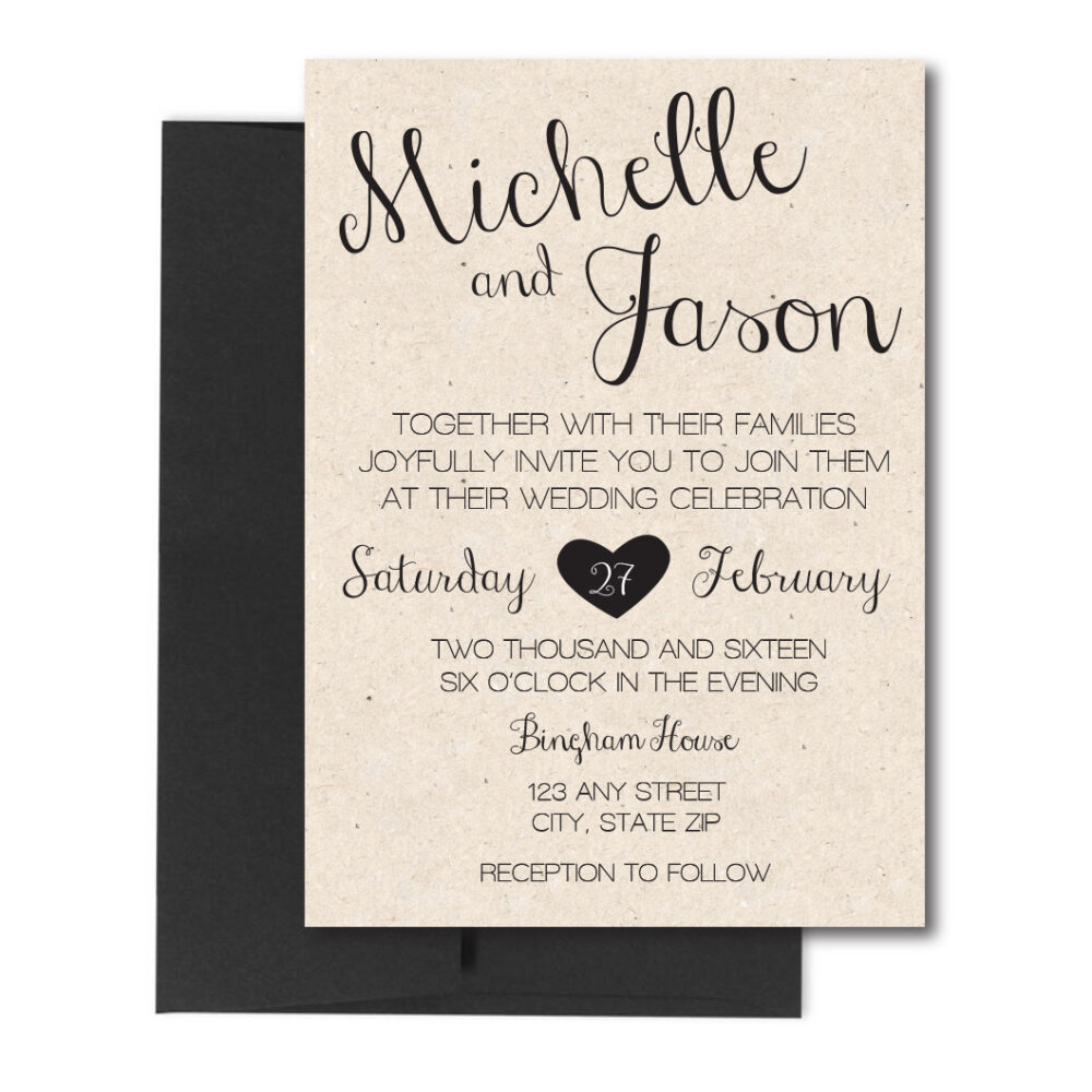 Rustic Wedding Invite with black envelope on white background