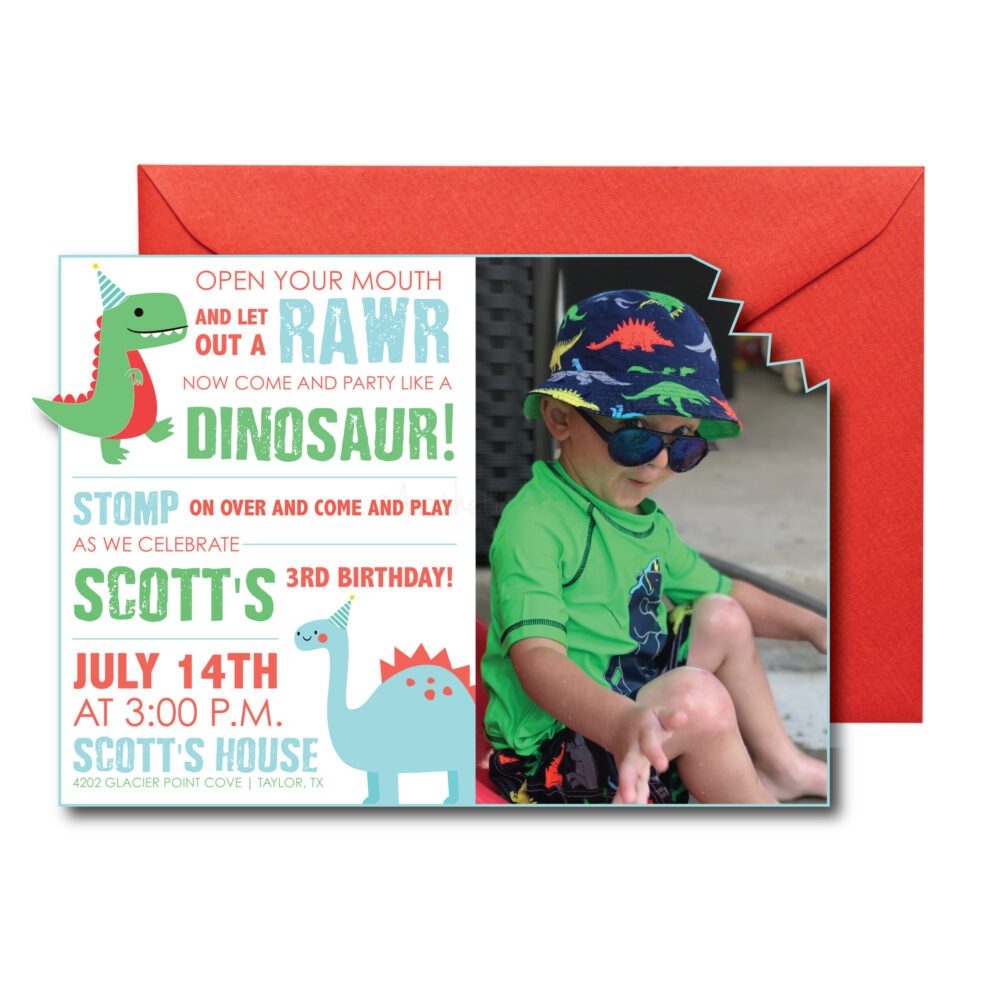 Dinosaur birthday Party Invite on white background with red envelope