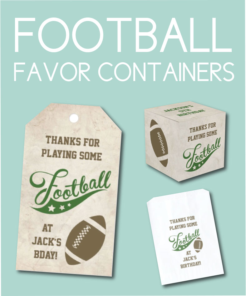 Tags, bags, and boxes for football party on teal background