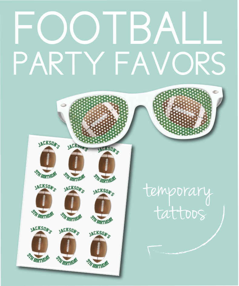 football party favors on a teal background for football birthday party ideas