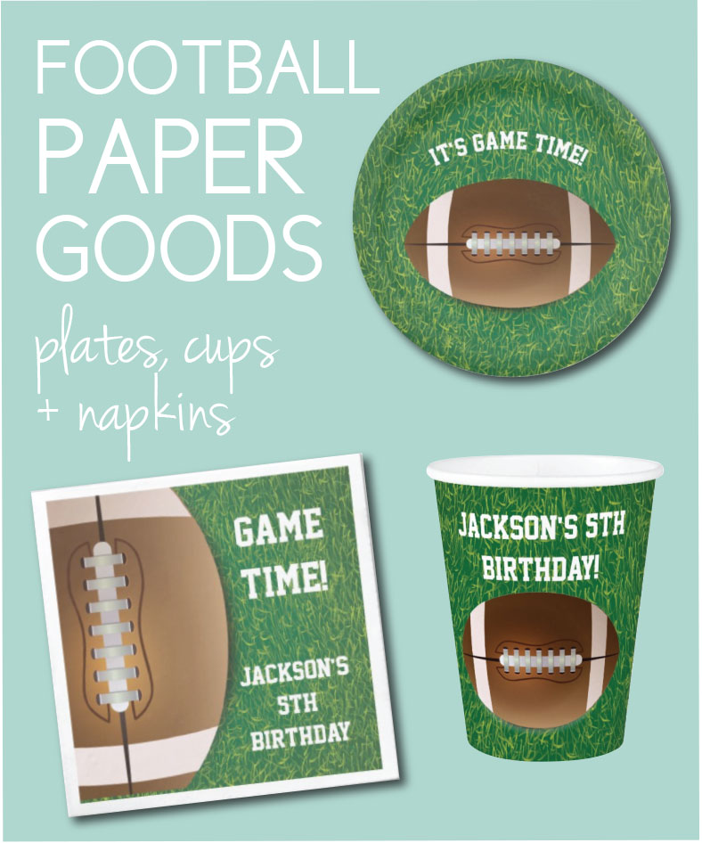 football paper goods for football birthday party ideas on teal background