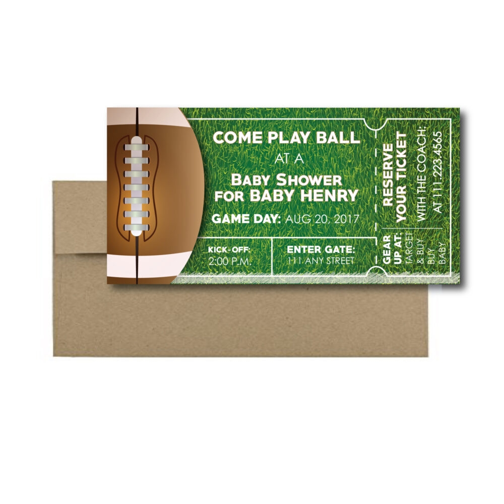 Football Ticket Invite for baby shower on white background with brown envelope