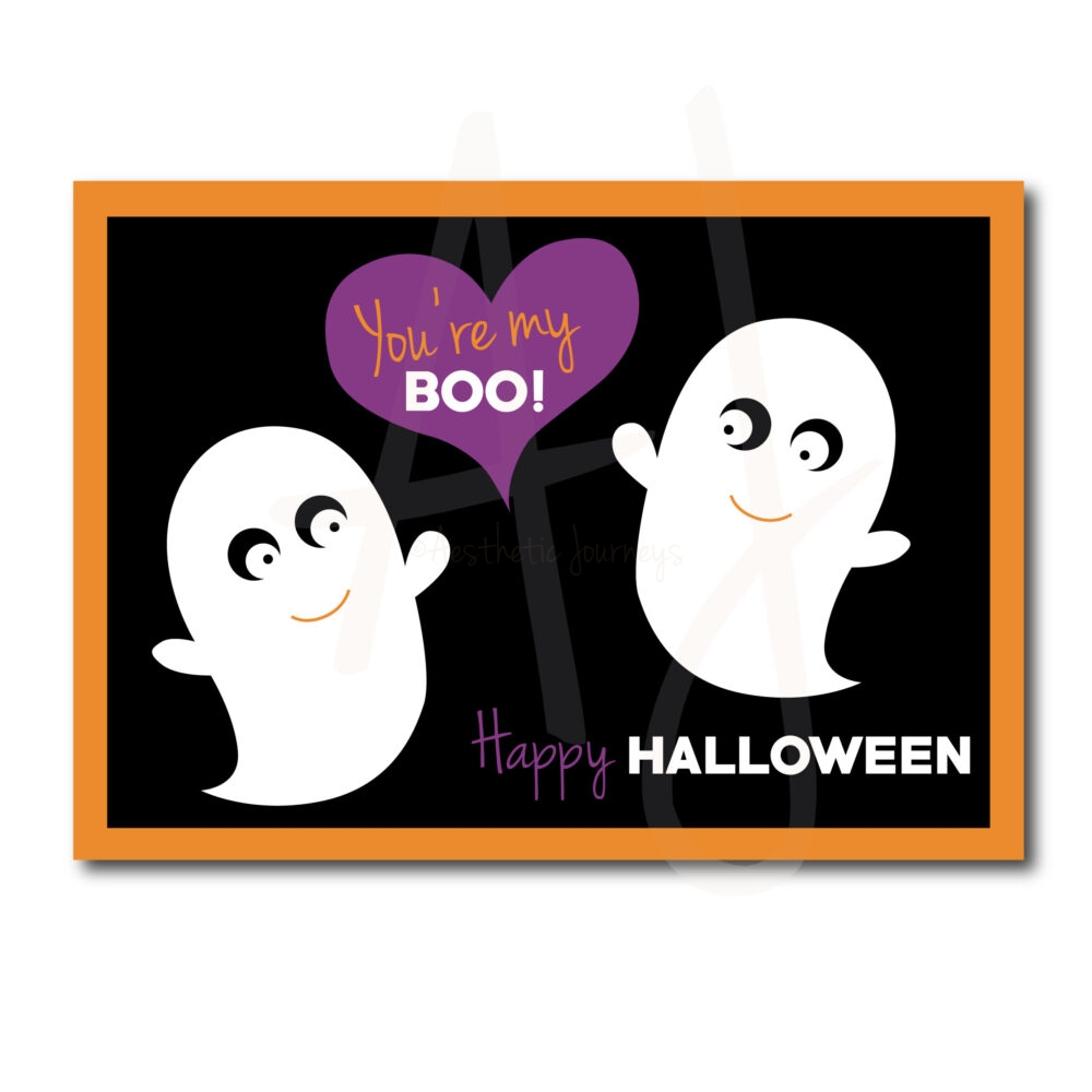 card for halloween with ghosts on white background