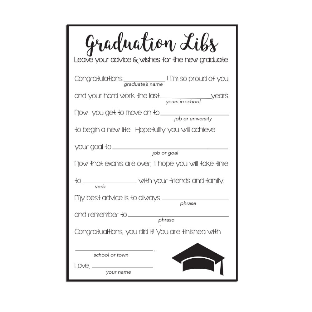 Graduation mad Libs Advice Cards on white background