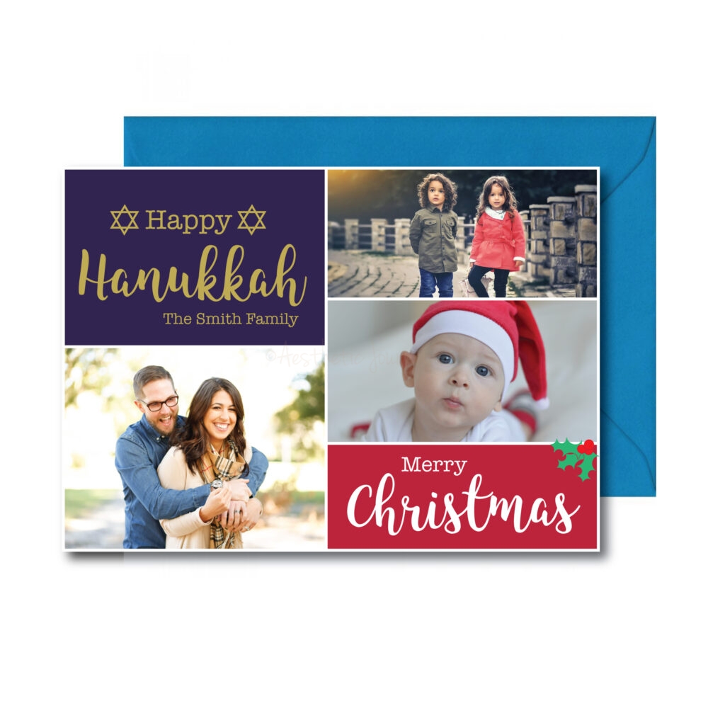 Hanukkah and Christmas Card with photos on white background with blue envelope