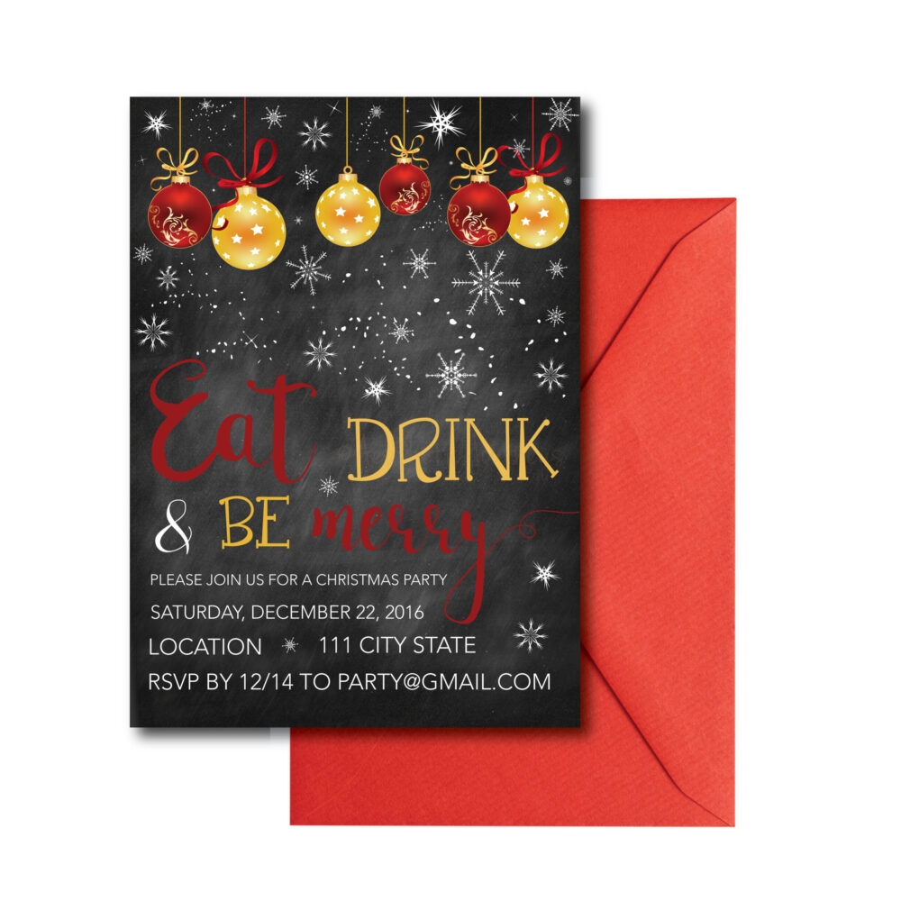Snowflake invite for Christmas Party on white background with red envelope