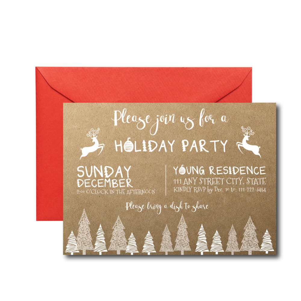 Rustic invitations for Holiday Party on white background with red envelope