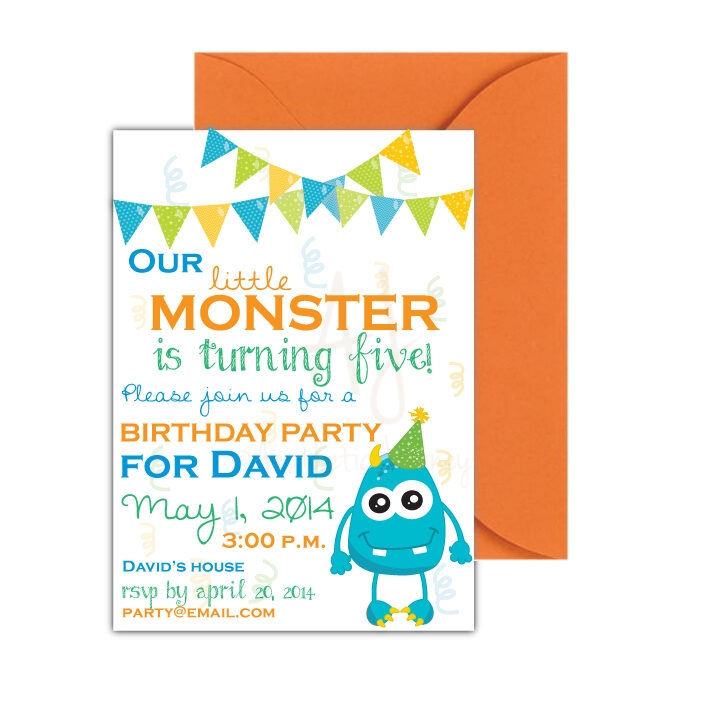 monster party invitations on white background with orange envelope