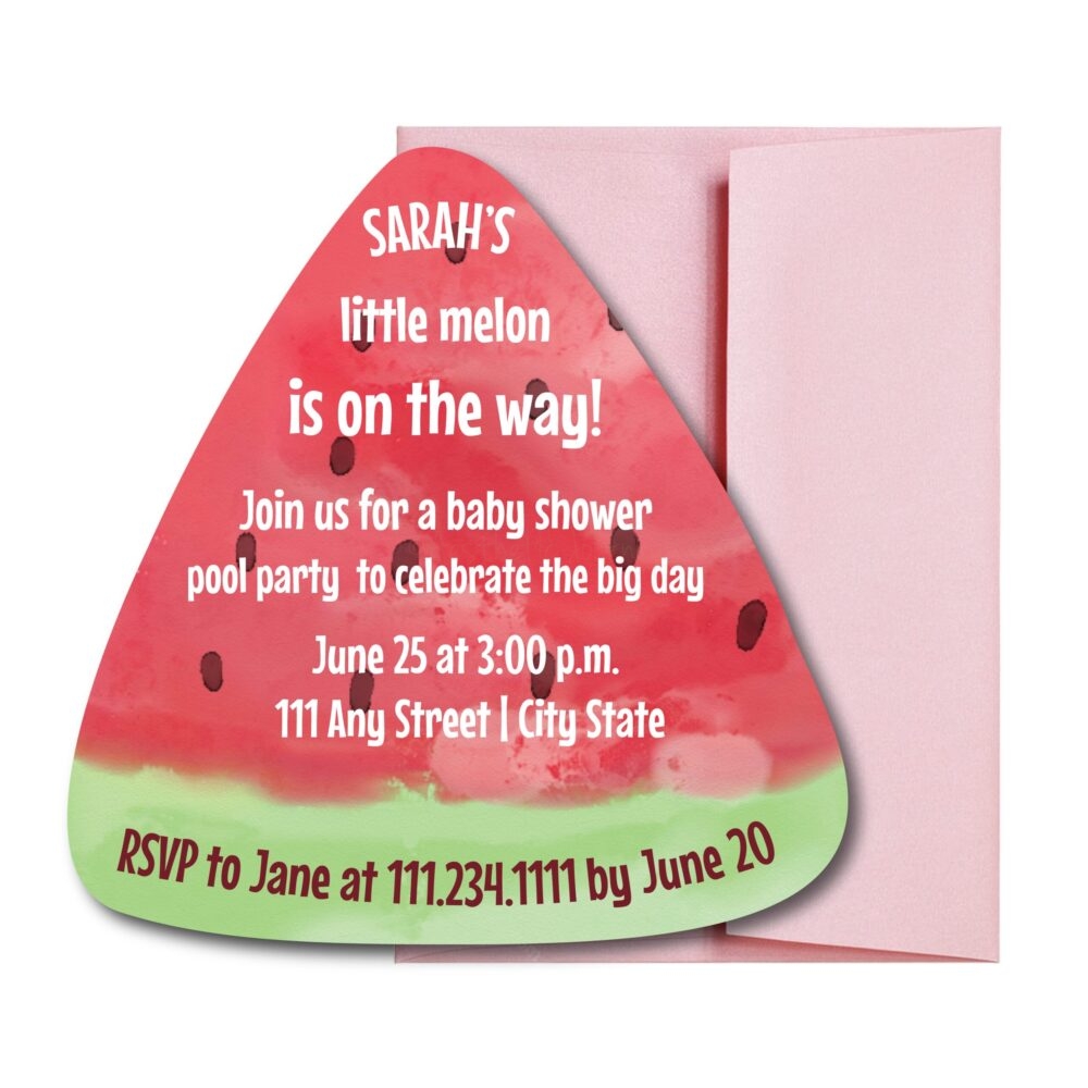 Watermelon invite for baby shower on white background with pale pink envelope