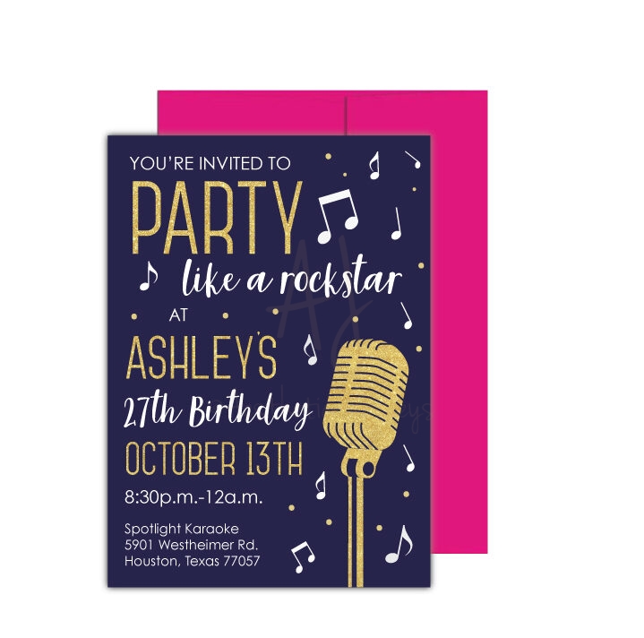 Rockstar Party theme Invite on white background with pink envelope