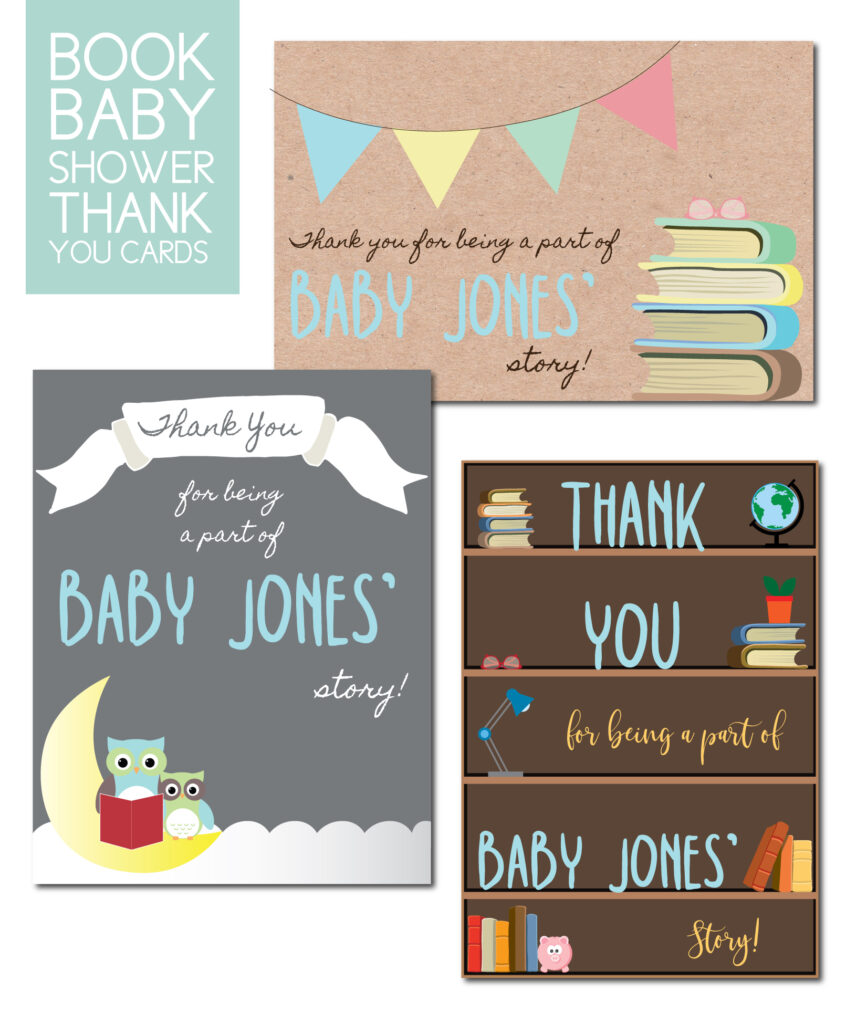 Baby shower thank you cards in book theme