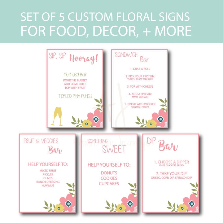 Custom floral shower signs on white background