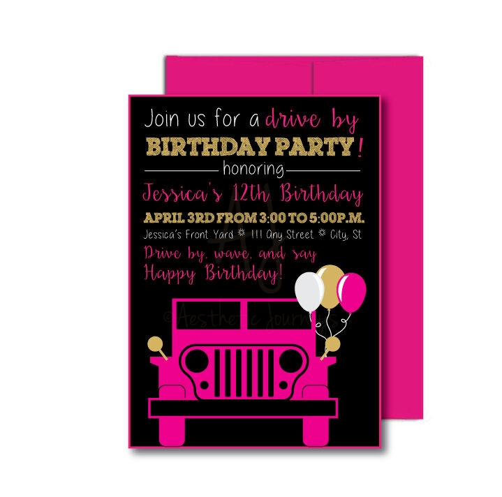 Drive By Party Invite with pink envelope on white background
