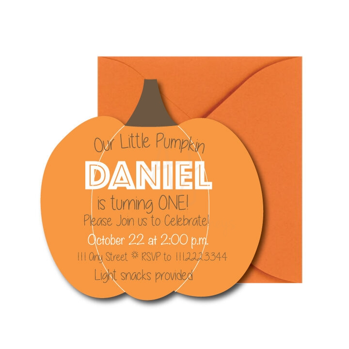 Pumpkin birthday Invites on white background with orange envelope