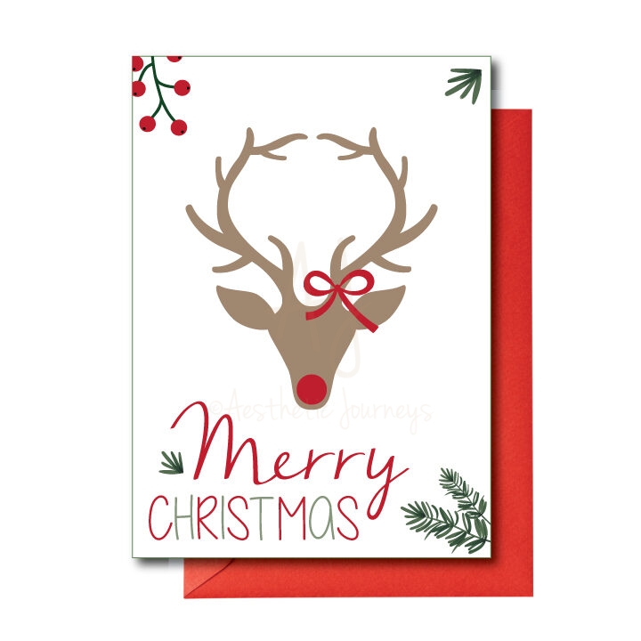 Merry Christmas Reindeer Card + Envelopes | Set of 15 - Aesthetic Designs
