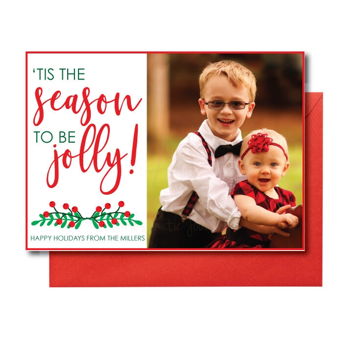 photo card with tis the season to be jolly on white background with red envelope